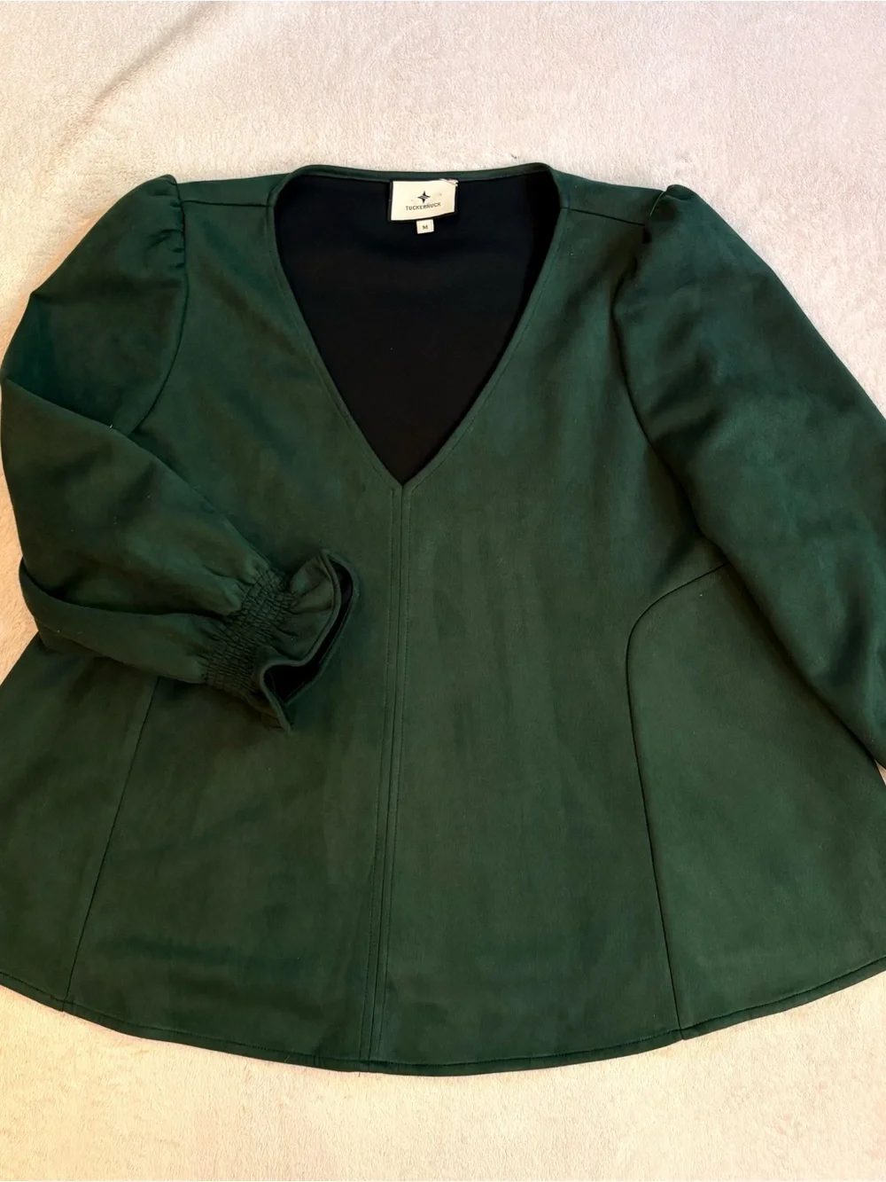 Tuckernuck Easton Ultra Suede Puff Sleeve Malachite V-Neck Swing Blouse Sz M